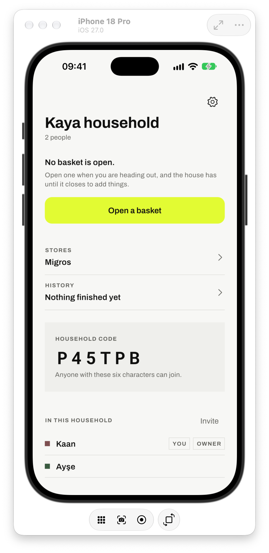 Open Basket iPhone simulator: Kaan and Ayşe's household