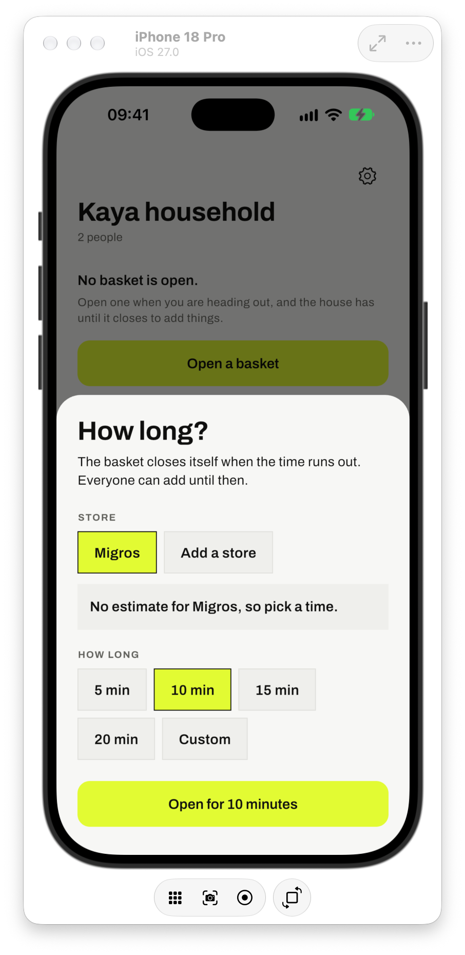 Open Basket iPhone simulator: choosing a store and basket duration