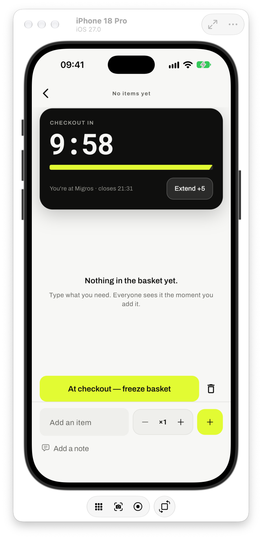 Open Basket iPhone simulator: a newly opened live basket