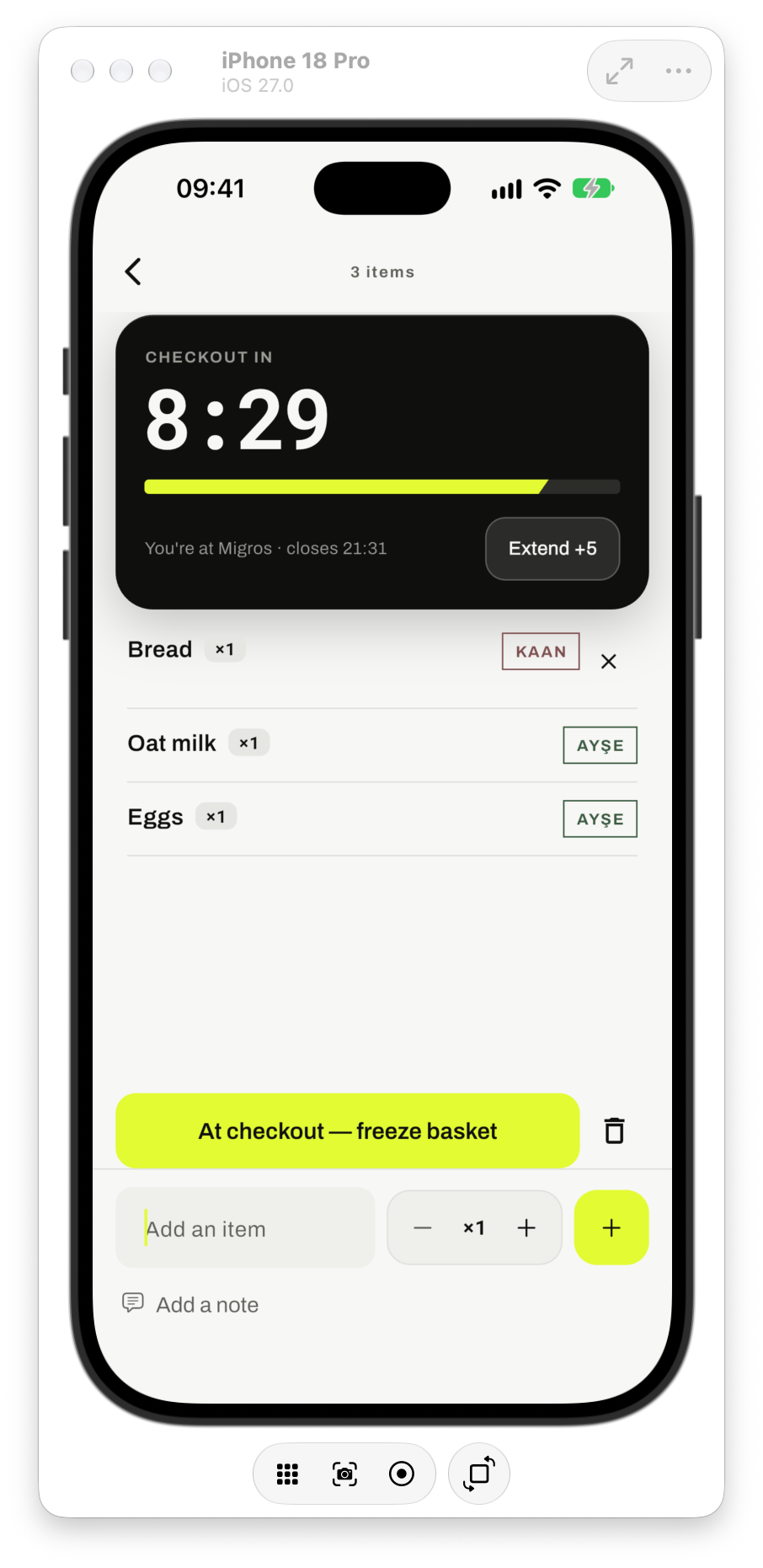 Open Basket iPhone simulator: items added by both household members