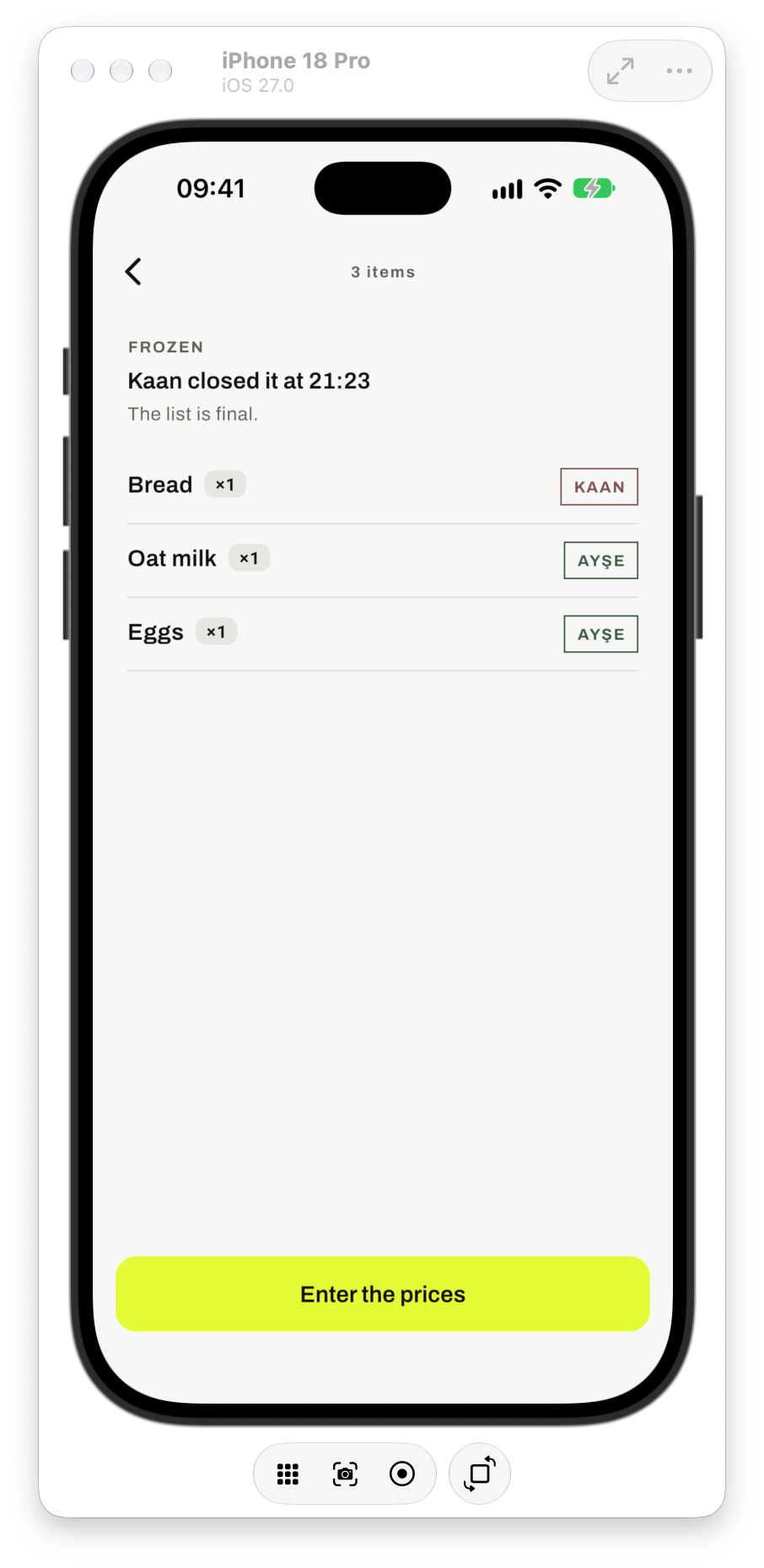 Open Basket iPhone simulator: the basket locked for checkout