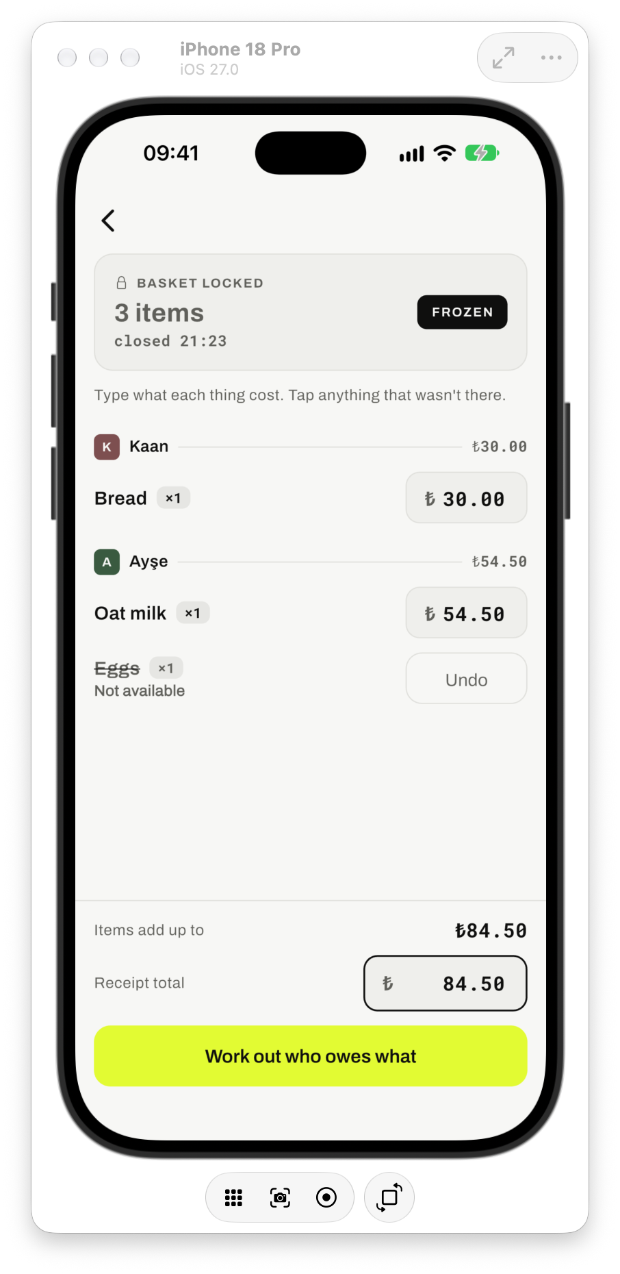 Open Basket iPhone simulator: prices and receipt total entered at checkout