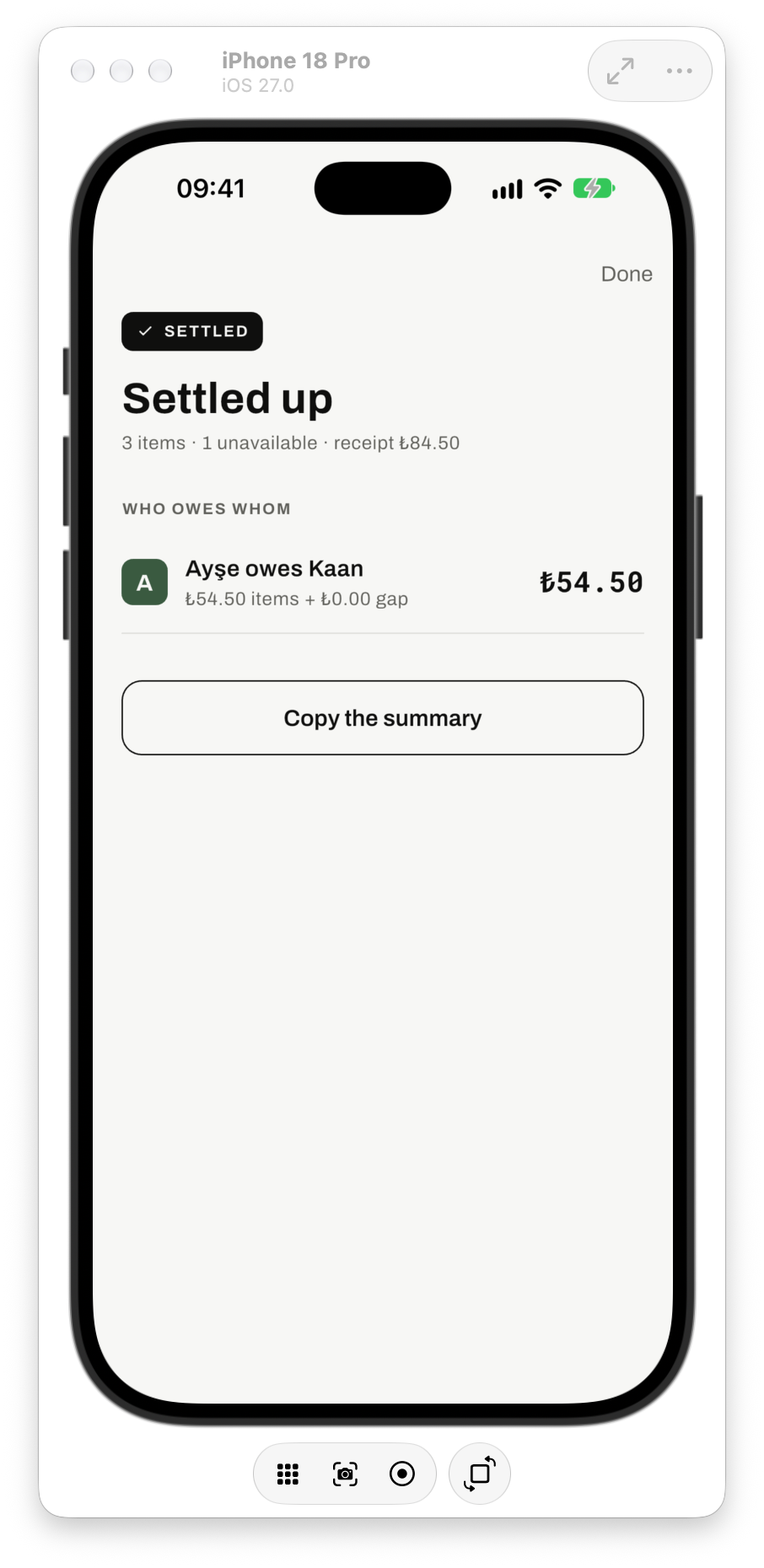 Open Basket iPhone simulator: the final amount Ayşe owes Kaan