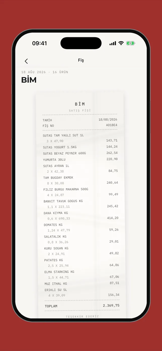 Sepet scanned receipt with parsed lines